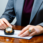 A professional female jewelry authenticator in a modest business suit, seated at a polished wooden desk, holding a jeweler's loupe to meticulously examine a fine, unbranded diamond ring. Her well-formed hands carefully hold the ring, focusing on the intricate details of the setting and engravings under bright, even lighting. The background is a sophisticated, clean appraisal office with soft, diffused light, indicating a serious and precise environment. Perfect anatomy, correct proportions, natural pose, proper finger count. High-resolution photography, sharp focus, professional lighting, safe for work, appropriate content, fully clothed, professional.