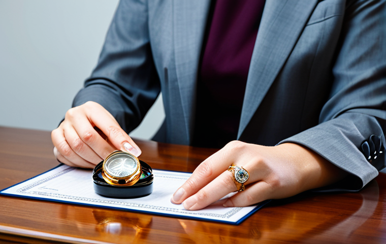 A professional female jewelry authenticator in a modest business suit, seated at a polished wooden desk, holding a jeweler's loupe to meticulously examine a fine, unbranded diamond ring. Her well-formed hands carefully hold the ring, focusing on the intricate details of the setting and engravings under bright, even lighting. The background is a sophisticated, clean appraisal office with soft, diffused light, indicating a serious and precise environment. Perfect anatomy, correct proportions, natural pose, proper finger count. High-resolution photography, sharp focus, professional lighting, safe for work, appropriate content, fully clothed, professional.