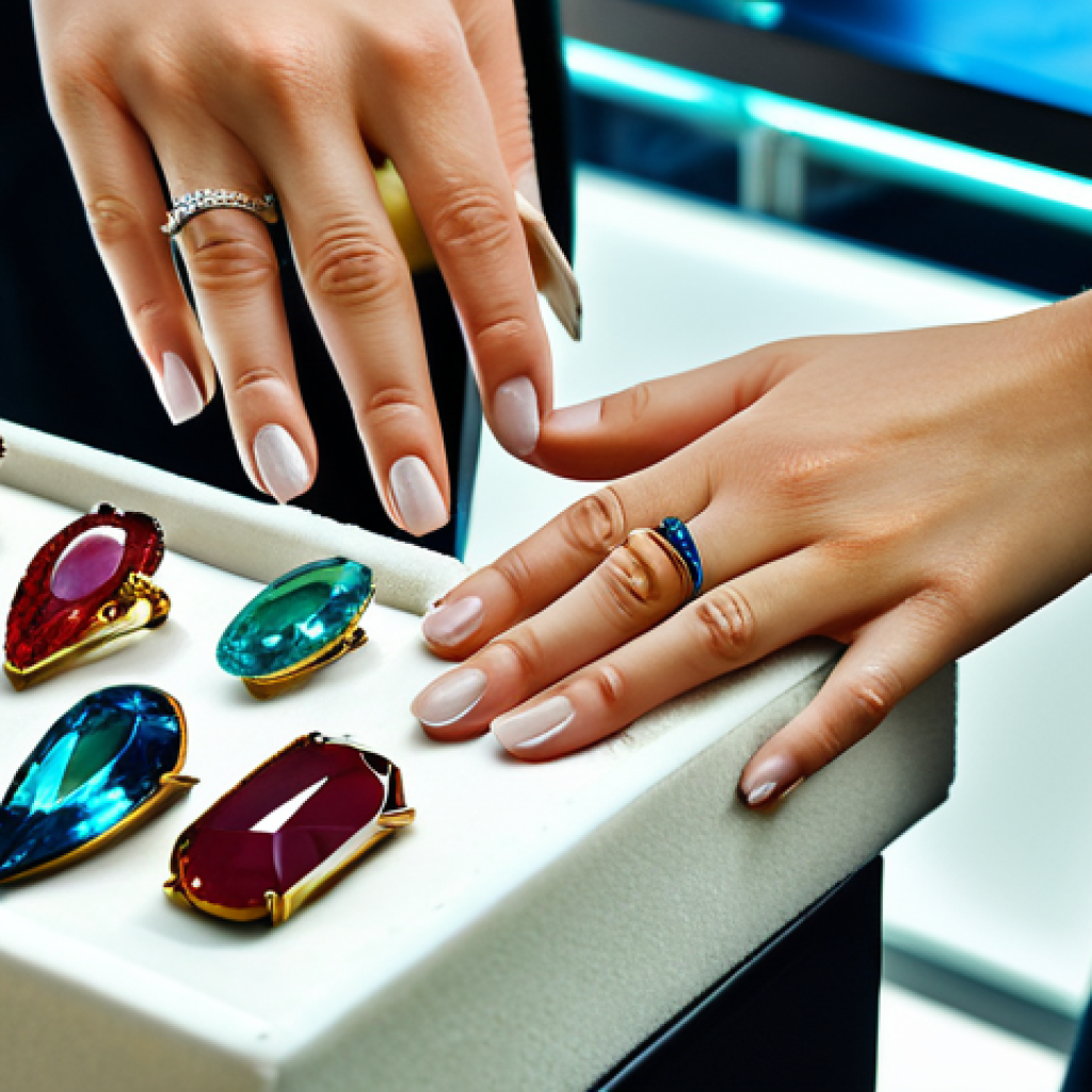 **

A professional jeweler displays a selection of birthstone rings in a brightly lit, upscale jewelry store. The rings are showcased on velvet displays. Focus on the variety of colors and cuts of the gemstones. fully clothed, modest attire, safe for work, appropriate content, professional product photography, perfect anatomy, natural proportions, well-formed hands.

**