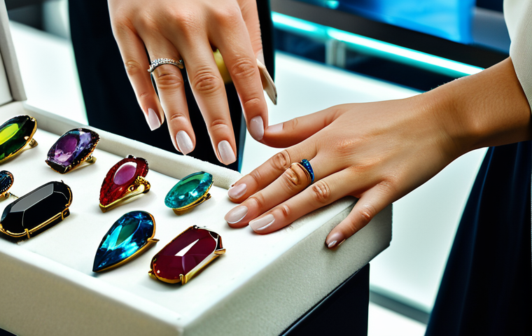 **

A professional jeweler displays a selection of birthstone rings in a brightly lit, upscale jewelry store. The rings are showcased on velvet displays. Focus on the variety of colors and cuts of the gemstones. fully clothed, modest attire, safe for work, appropriate content, professional product photography, perfect anatomy, natural proportions, well-formed hands.

**