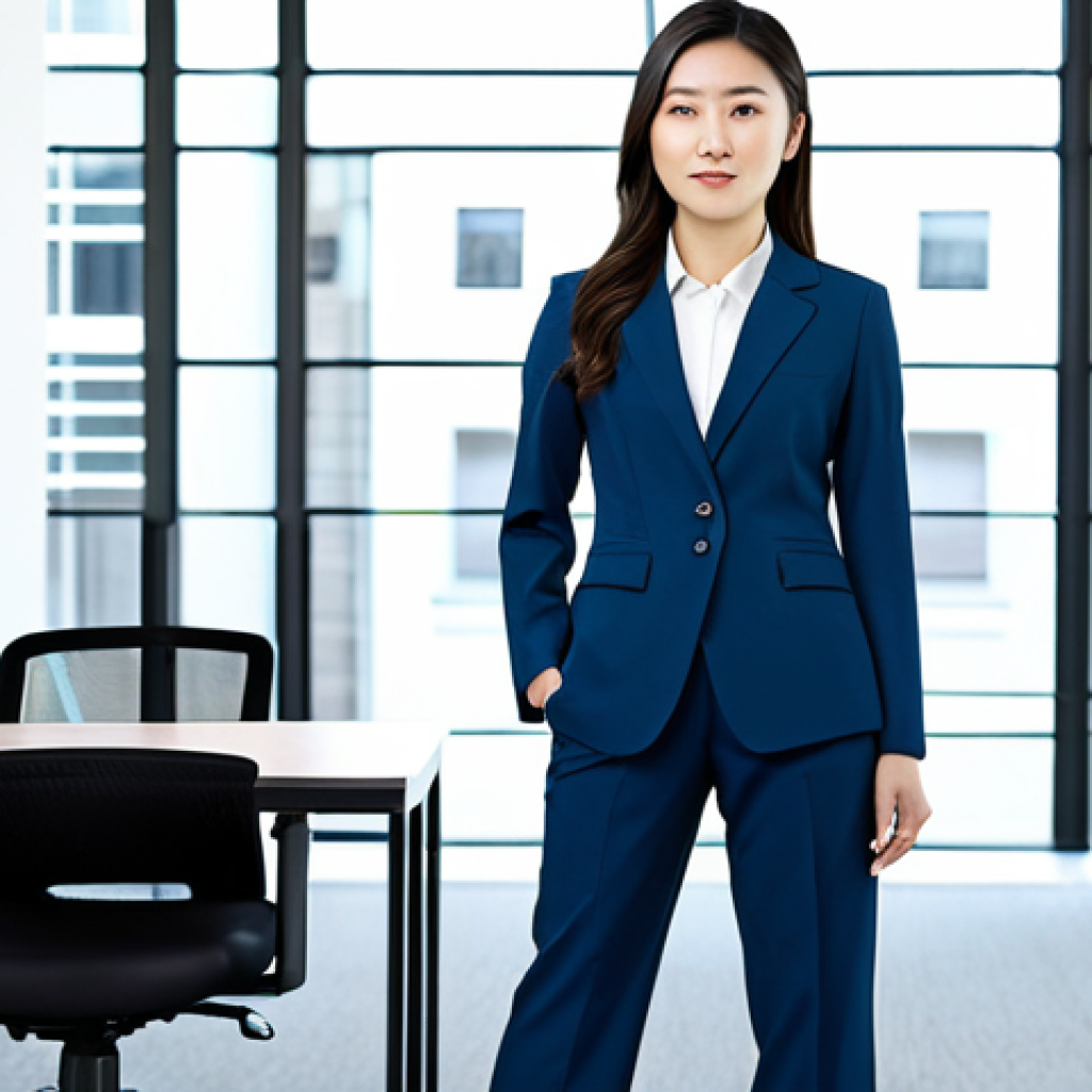 ** A professional Asian woman in a modest, tailored pantsuit, standing in a bright, modern office. Fully clothed, appropriate attire, safe for work, perfect anatomy, natural proportions, professional photography, high quality.

**