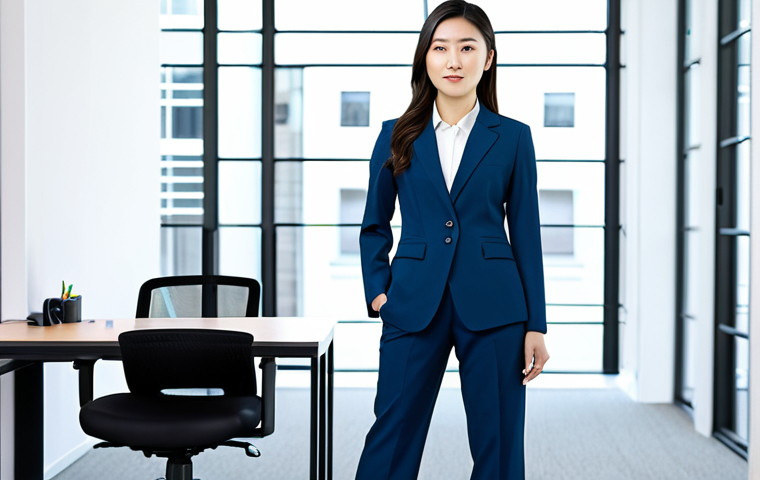 ** A professional Asian woman in a modest, tailored pantsuit, standing in a bright, modern office. Fully clothed, appropriate attire, safe for work, perfect anatomy, natural proportions, professional photography, high quality.

**