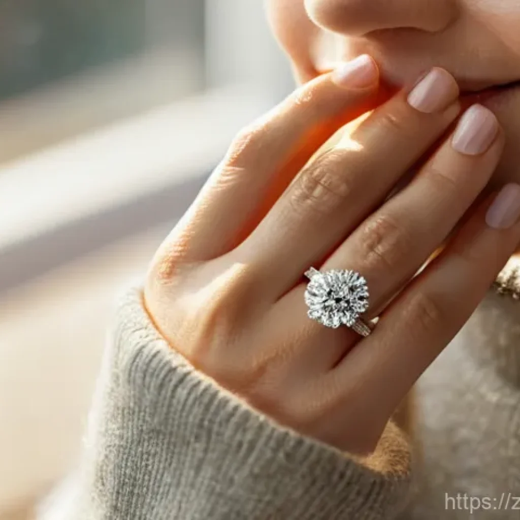 럭셔리 쥬얼리 보험 가입 가이드 - **Prompt:** A close-up shot of a woman's hands, in her late 20s, delicately touching a shimmering di...