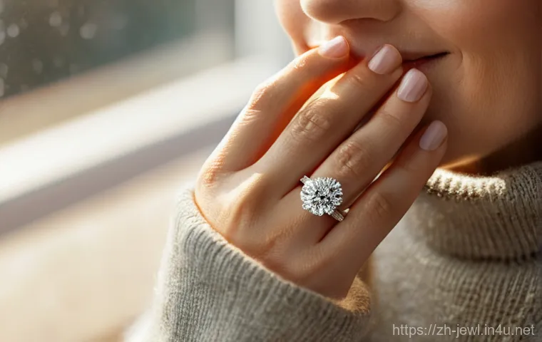 럭셔리 쥬얼리 보험 가입 가이드 - **Prompt:** A close-up shot of a woman's hands, in her late 20s, delicately touching a shimmering di...