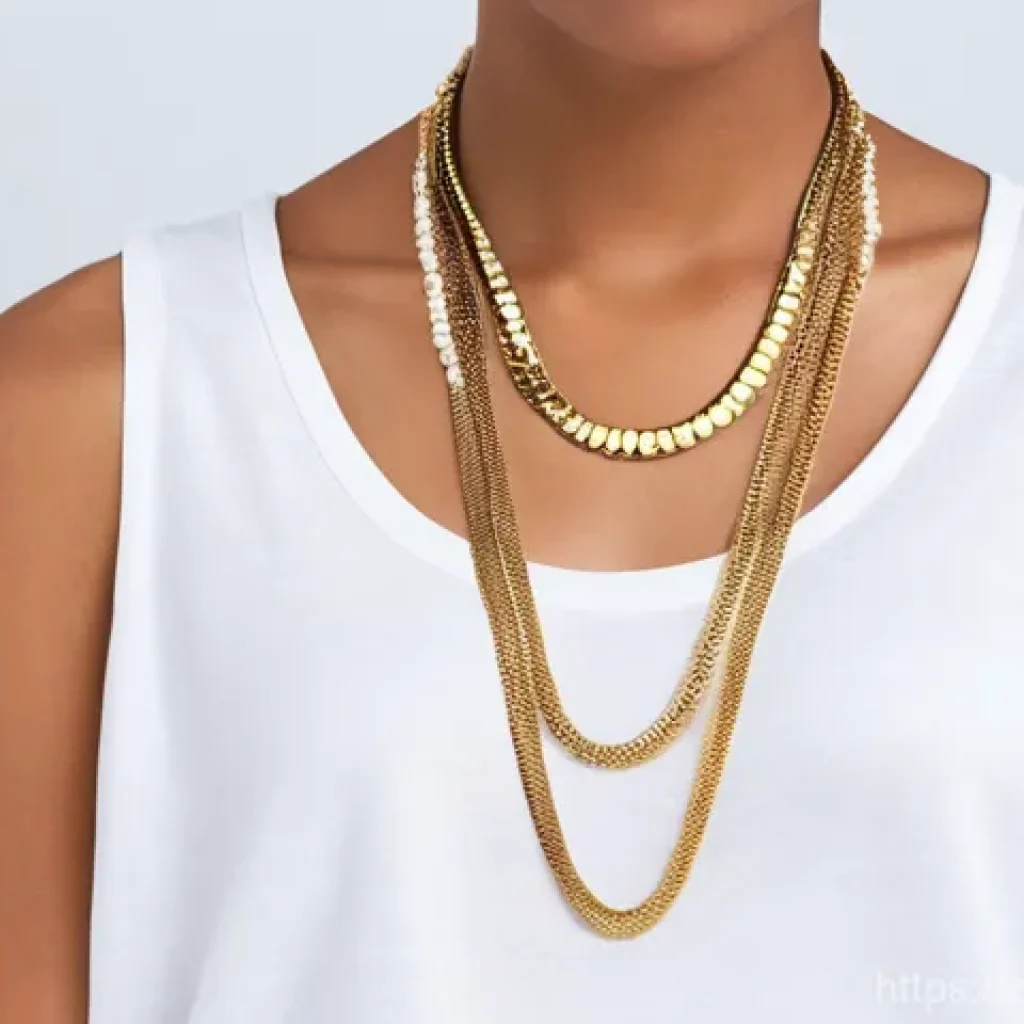 스타일별 골드 체인 목걸이 - A young woman, elegantly posed, wearing a plain white T-shirt or a simple, fitted blouse. Her neck i...