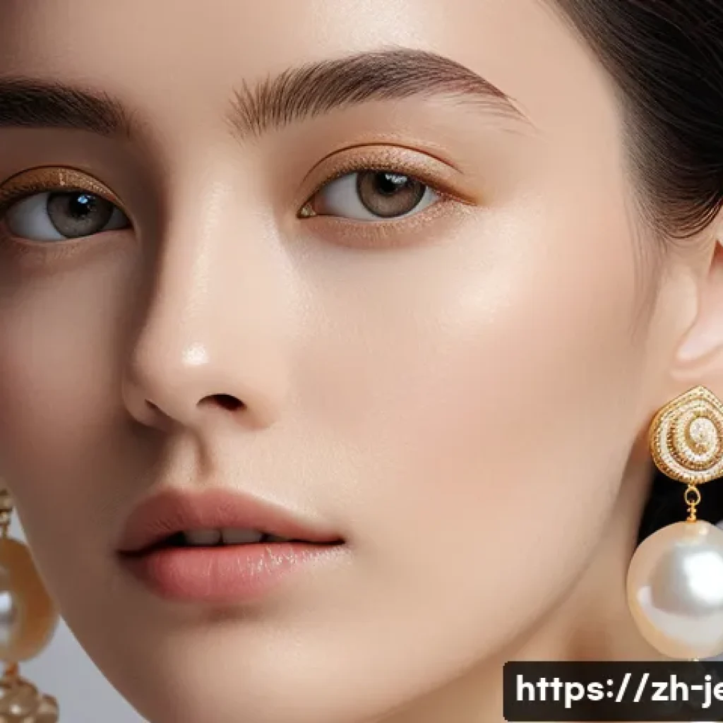 진주 귀걸이와 골드 귀걸이 비교 - **"Warm and Elegant Modern Interpretation of Pearl Earrings"**: A close-up portrait photograph of a ...