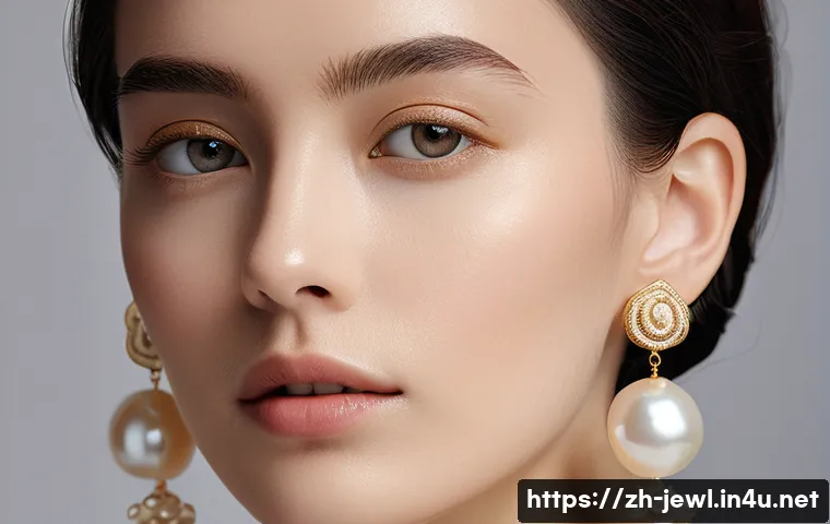 진주 귀걸이와 골드 귀걸이 비교 - **"Warm and Elegant Modern Interpretation of Pearl Earrings"**: A close-up portrait photograph of a ...
