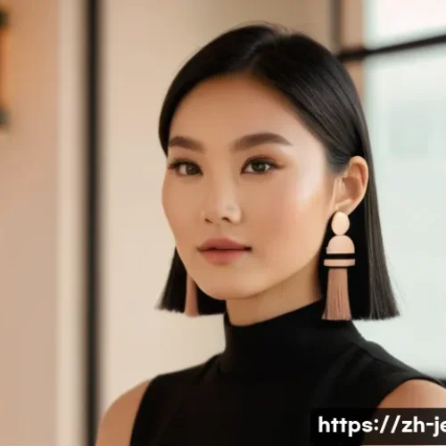 귀걸이의 길이별 스타일링 팁 - A stylish Asian woman with a round face wearing long, slender tassel earrings featuring subtle geome...
