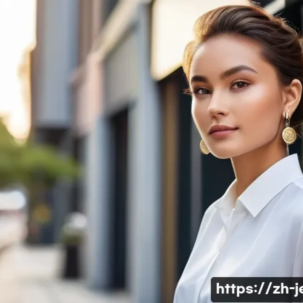 캐주얼룩에 어울리는 귀걸이 추천 - A stylish young woman with a round face wearing long, dangling metallic earrings that elongate her f...