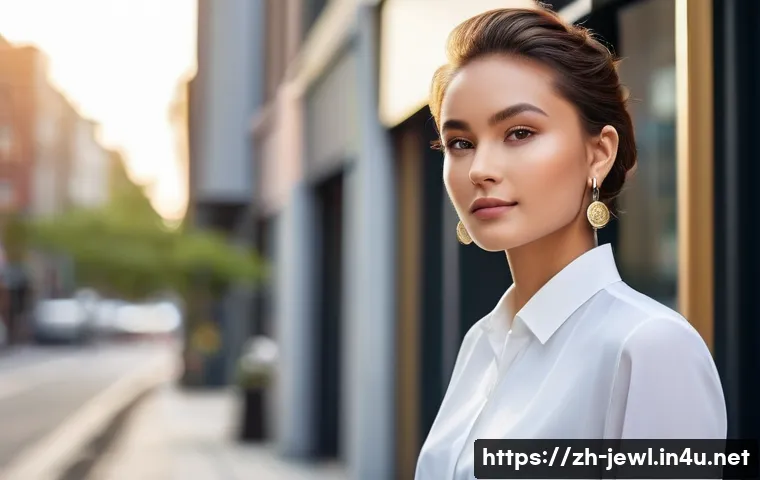 캐주얼룩에 어울리는 귀걸이 추천 - A stylish young woman with a round face wearing long, dangling metallic earrings that elongate her f...