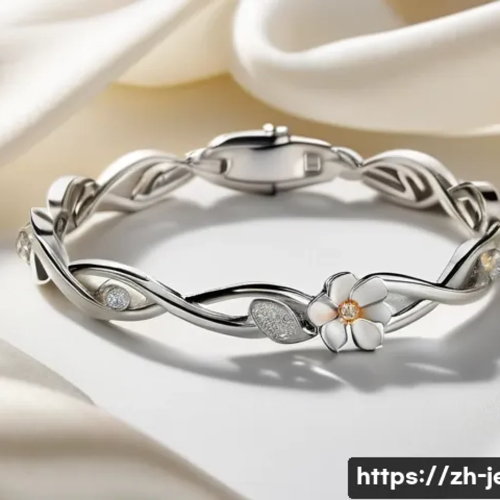 티파니 앤 코 팔찌 컬렉션 비교 - A close-up shot of an elegant Tiffany silver bracelet resting gracefully on a smooth, light-colored ...