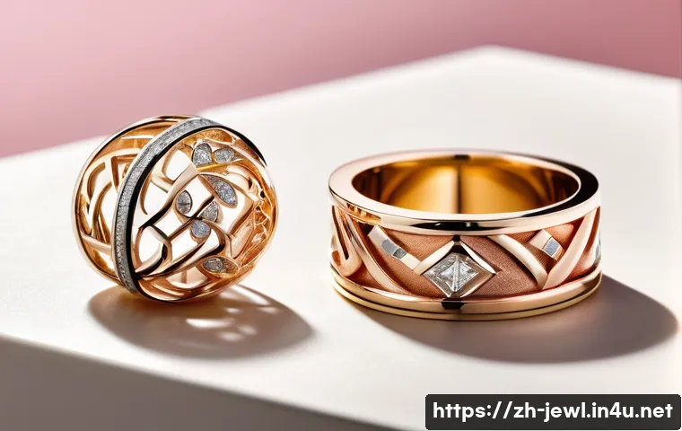 18K와 24K 골드의 차이 - A close-up shot of elegant 18K gold jewelry pieces showcasing a variety of colors including rose gol...