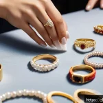 럭셔리 주얼리 컬렉션 관리법 - A detailed close-up scene of a jeweler&rsquo;s workspace showing various types of jewelry&mdash;diamond rings, g...