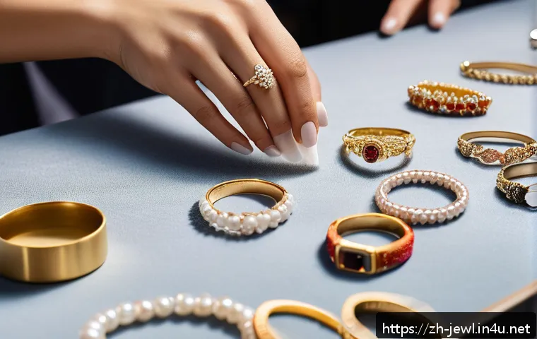 럭셔리 주얼리 컬렉션 관리법 - A detailed close-up scene of a jeweler&rsquo;s workspace showing various types of jewelry&mdash;diamond rings, g...