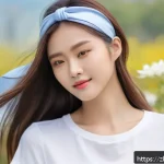 헤어밴드와 헤어핀 트렌드 - A stylish young woman with long flowing hair wearing a soft, pastel-colored silk headband that gentl...