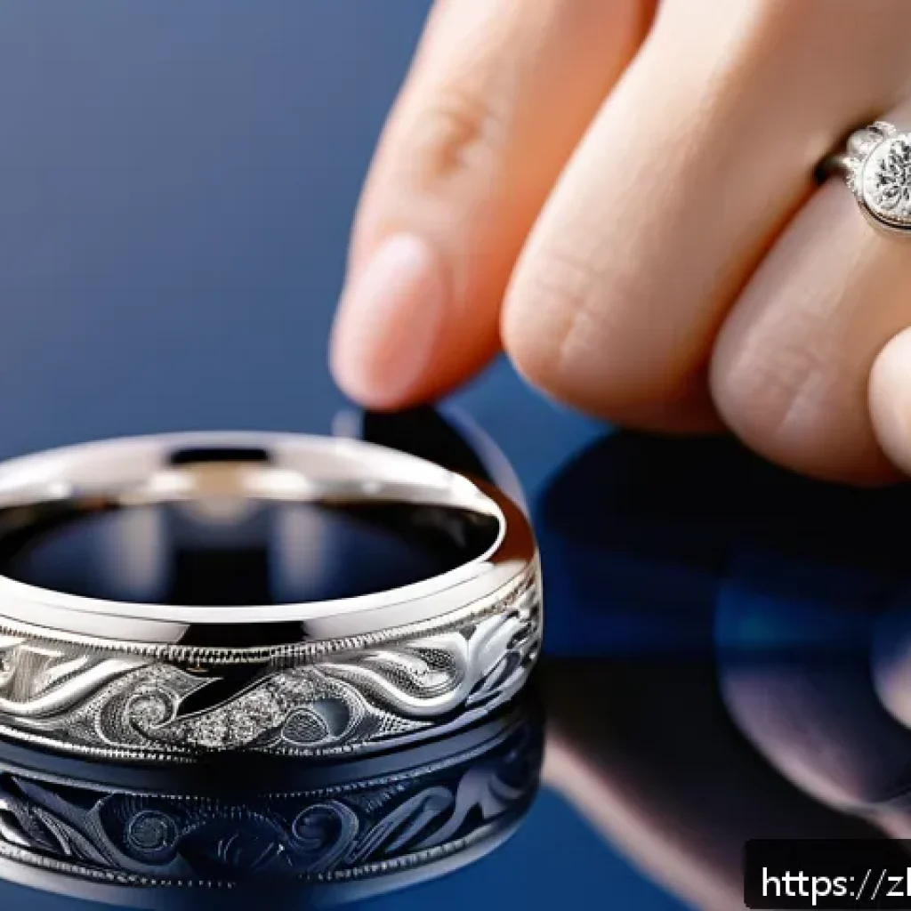 브랜드별 웨딩 쥬얼리 비교 - A close-up image of an elegant platinum wedding ring featuring intricate hand-engraved traditional p...