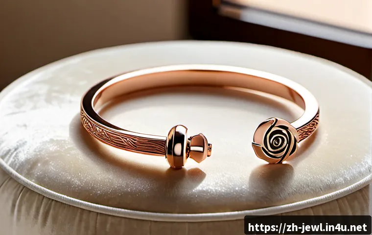 카르티에 러브 브레이슬릿 리뷰 - Photorealistic luxury bracelet review scene, an elegant unbranded rose-gold screw-motif bangle displ...