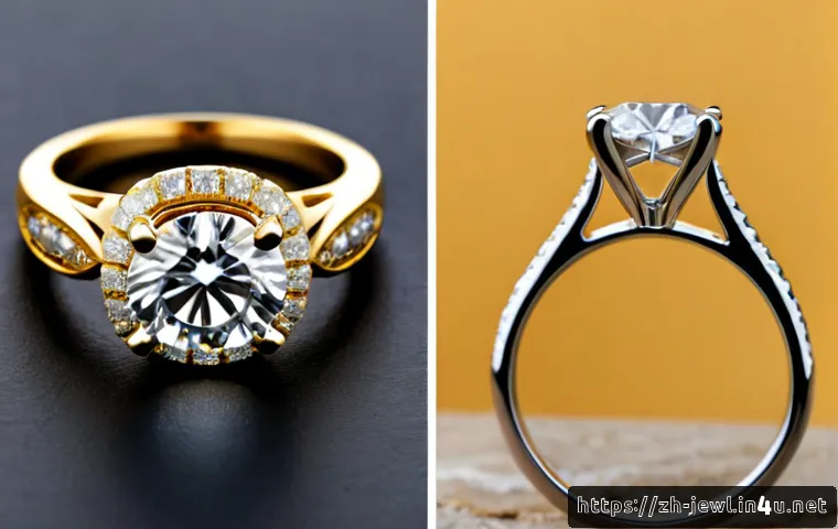 플래티넘 쥬얼리와 골드 비교 - Photorealistic luxury jewelry comparison on a matte cream stone tabletop: a polished platinum diamon...